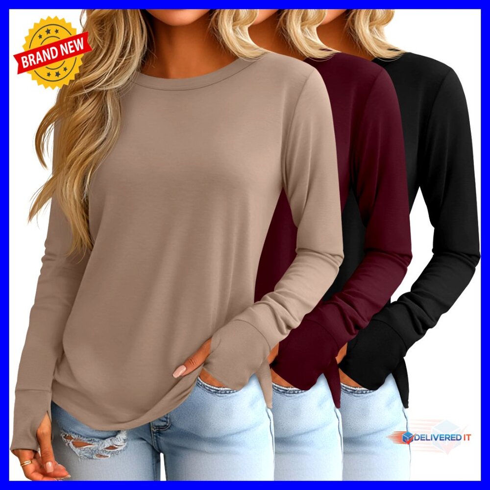 3 Pack Long Sleeve Cotton Tunic Tops With Thumb Holes, Loose Fit Crew Neck
